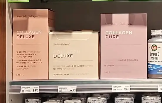 Swedish Collagen Deluxe i Pure proizvodi na polici u dm prodavaonici